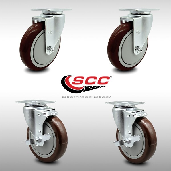 5 Inch SS Maroon Polyurethane Swivel Top Plate Caster Set with 2 Brakes SCC